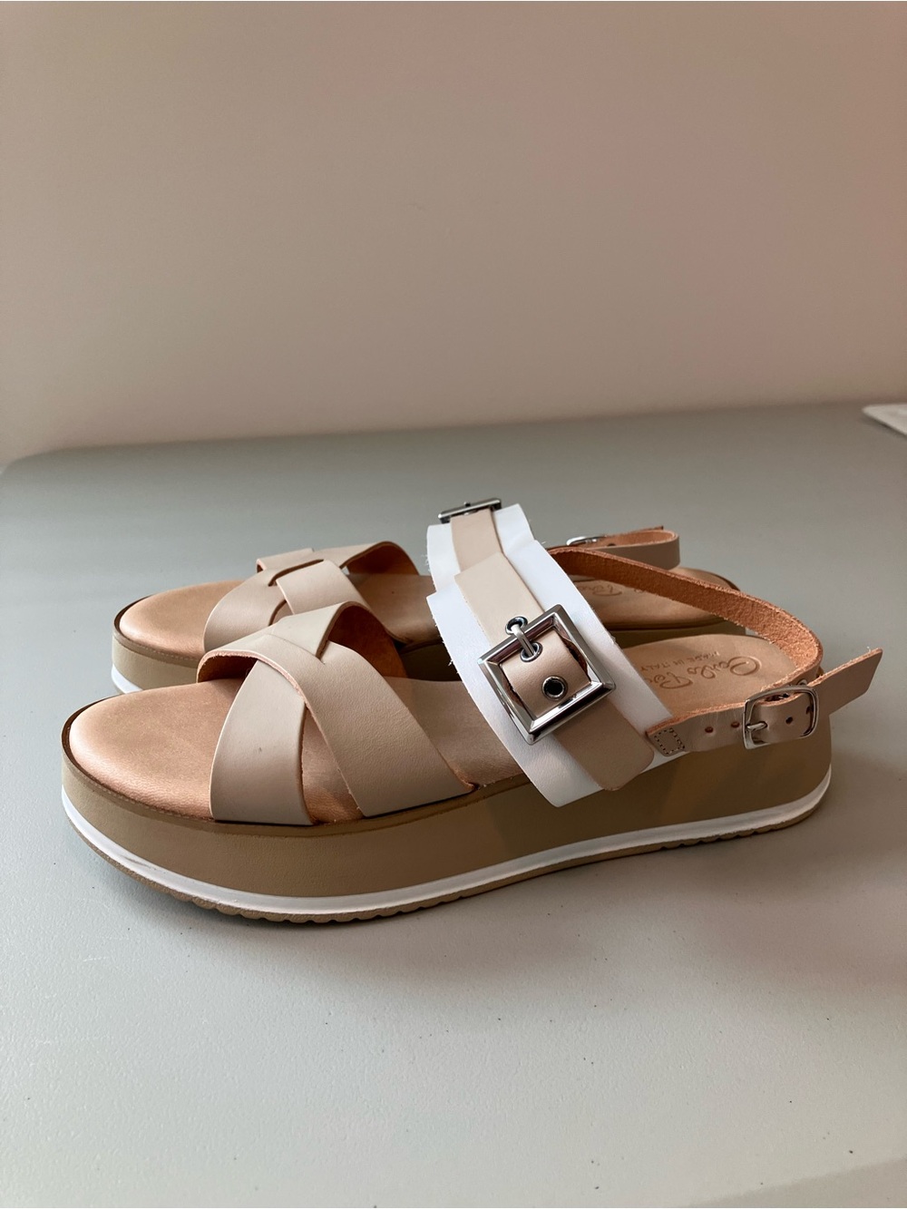 Women's Neutral Platform Buckle Sandals in Beige